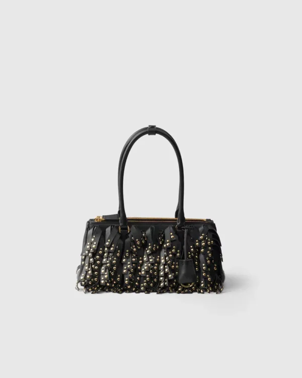 Prada Galleria medium nappa leather bag with fringe and studs Black