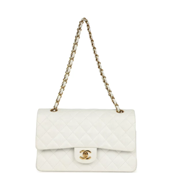 Vintage Chanel Medium Classic Double Flap Bag White Lambskin Gold Hardware
